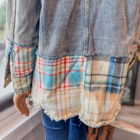 Free People Sirius Cotton Plaid-Contrast Mixed Denim Oversized Jacket, M/L - Picture 6 of 9